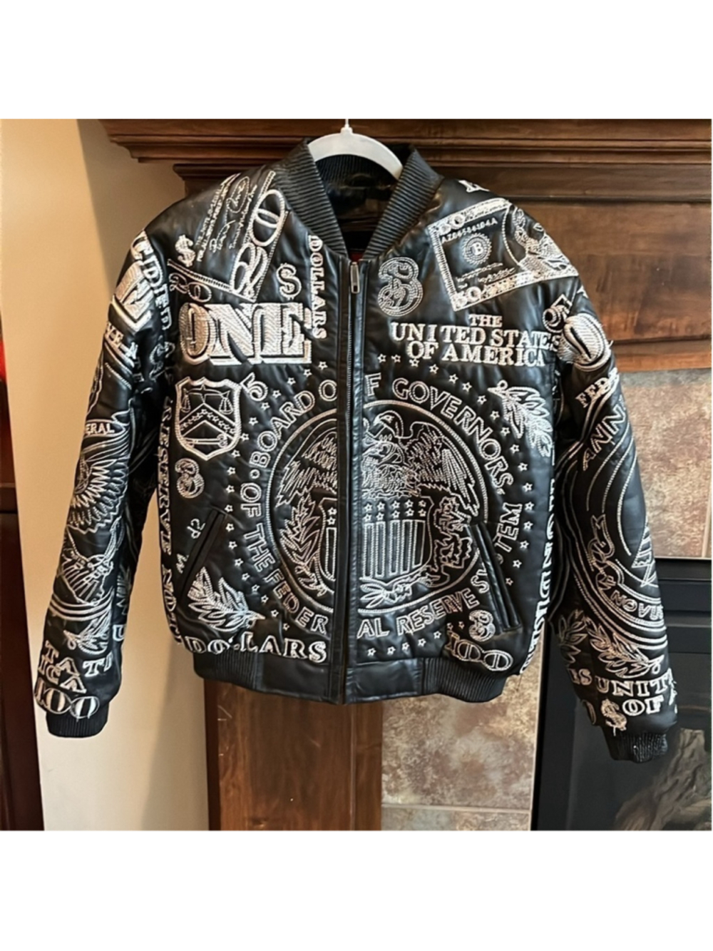 black leather lined bomber jacket embroidered money hiphop street big kids 2XL